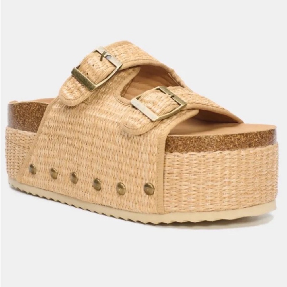 HEY GIRL No Filter Rattan Tan Platform Sandals w/Gold Buckles By Corkys Size:10
